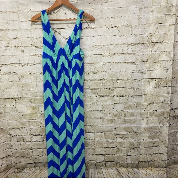 J Crew Blue Green Chevron Print V Neck Sleeveless Maxi Dress - Picture 1 of 7